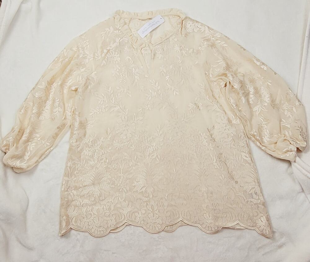 New Soft Surroundings Tresa ivory sheer lace ruffled top Large Boho Romantic